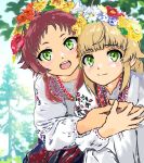  2girls blonde_hair bluefox71e blush closed_mouth commentary_request day eyebrows_visible_through_hair green_eyes head_wreath kei_e419 long_hair multiple_girls open_mouth original outdoors redhead smile teeth traditional_clothes tree ukraine upper_body upper_teeth 