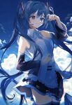  1girl blue_eyes blue_hair blue_sky blue_theme detached_sleeves hatsune_miku highres long_hair necktie outdoors sky smile solo twintails utsuhostoria vocaloid 