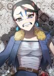  1girl bandaged_chest black_hair blush buckle clenched_teeth clover_(pokemon) earrings facepaint gritted_teeth kureiro_natsuhi patterned_background poke_ball pokemon pokemon_(game) pokemon_legends:_arceus shadow solo tattered_clothes torn_clothes twintails 