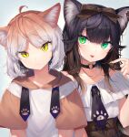  2022 2boys ahoge animal_ears artist_name bare_shoulders black_hair bow brown_hair cat_ears cat_girl choker commentary_request dated eyebrows_visible_through_hair gradient_hair green_eyes grey_hair gunjou_row hair_between_eyes hair_bow highres long_hair looking_at_viewer multicolored_hair multiple_boys original otoko_no_ko simple_background slit_pupils tongue tongue_out twitter_username two-tone_hair upper_body watermark white_background yellow_eyes 