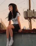  1girl black_hair blurry blurry_background day floating_hair highres lips long_hair looking_away outdoors short_sleeves sitting 