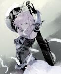  1girl armor armored_leotard arms_up asymmetrical_hair blue_hair feathers ffffcoffee final_fantasy final_fantasy_xiii final_fantasy_xiii-2 gloves gunblade highres holding holding_weapon lightning_farron looking_at_viewer pink_hair serious shield solo thigh-highs weapon 