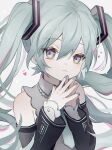  1girl 39 :3 blue_eyes blue_hair blush detached_sleeves grey_shirt hatsune_miku heart highres long_hair looking_at_viewer nail_polish namiki_itsuki necktie own_hands_together shirt sleeveless sleeveless_shirt solo twintails vocaloid white_background 