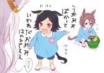  3girls animal_ears ayame_iro_(toumei_dolce) bandaid bandaid_on_face biwa_hayahide_(umamusume) black_hair blue_eyes blue_shirt blue_shorts brown_hair bucket child closed_mouth crying crying_with_eyes_open ears_down flying_sweatdrops hair_ornament hairclip highres horse_ears horse_girl horse_tail kindergarten_uniform long_sleeves multiple_girls name_tag narita_taishin_(umamusume) open_mouth pointing shirt shoes shorts squatting standing tail tears translation_request umamusume v-shaped_eyebrows wavy_mouth white_hair winning_ticket_(umamusume) younger 
