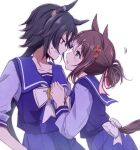  2girls air_shakur_(umamusume) animal_ears ayame_iro_(toumei_dolce) bangs black_hair blush brown_hair clover_hair_ornament cowboy_shot double_bun eye_contact fine_motion_(umamusume) hair_ornament hand_on_another&#039;s_chest highres horse_ears horse_girl horse_tail long_hair long_sleeves looking_at_another medium_hair motion_lines multicolored_hair multiple_girls open_mouth purple_shirt purple_skirt sailor_collar school_uniform shirt sideways_mouth simple_background skirt sleeves_pushed_up sweatdrop tail tracen_school_uniform two-tone_hair umamusume white_background yellow_eyes 