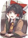  1girl ascot black_hair blush bow collared_shirt eyebrows_visible_through_hair hair_bow hair_tubes hakurei_reimu hand_on_own_cheek hand_on_own_face indoors jacket japanese_clothes large_bow looking_at_viewer matsukuzu miko open_mouth red_bow red_shirt shirt short_hair sidelocks sitting solo table touhou yellow_ascot 