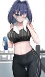  1girl bangs black_pants black_sports_bra blue_eyes blue_hair blush bottle breasts closed_mouth commentary cowboy_shot english_commentary english_text eyebrows_visible_through_hair hair_between_eyes hair_intakes highres holding holding_bottle holding_towel hololive hololive_english large_breasts looking_at_viewer medium_hair midriff navel one_eye_closed ouro_kronii pants parted_lips revision shuuzo3 solo split_mouth sports_bra standing sweat thigh_gap towel towel_around_neck virtual_youtuber wiping_sweat 