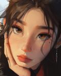  1girl brown_eyes brown_hair freckles hand_on_own_face highres jewelry lips long_hair looking_at_viewer sam_yang solo 