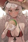  1girl absurdres bikini blue_archive blush breasts burger demon_horns flower food food_on_face front-tie_top hair_ornament hairclip hat hat_flower highres holding holding_food horns izumi_(blue_archive) large_breasts light_brown_hair long_hair looking_at_viewer multiple_sources red_bikini roly simple_background sketch solo straw_hat sun_hat swimsuit upper_body very_long_hair wavy_hair white_background yellow_eyes 