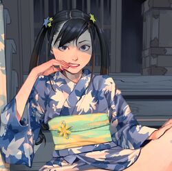  1girl bangs black_hair blue_eyes blue_kimono blue_sash floral_print hair_ornament hand_on_own_leg hand_up highres inamitsu_shinji japanese_clothes kimono long_hair looking_at_viewer nail_polish obi original pink_nails print_kimono reward_available sash solo star_(symbol) star_hair_ornament tareme teeth twintails 