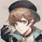  1boy black_collar black_gloves brown_hair collar collared_shirt commentary_request commission gloves grey_background grey_eyes hat holding holding_microphone male_focus microphone orniflop portrait sample_watermark shirt short_hair solo watermark white_shirt 