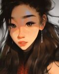  1girl brown_eyes brown_hair earrings freckles highres jewelry lips long_hair looking_at_viewer sam_yang solo 