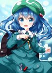  1girl backpack bag blue_eyes blue_hair blue_shirt eyebrows_visible_through_hair green_headwear hair_between_eyes hair_ornament hat highres kappa kawashiro_nitori key long_sleeves looking_at_viewer open_mouth ruu_(tksymkw) shirt short_hair short_twintails sidelocks skirt smile solo touhou twintails two_side_up 