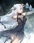  1girl black_dress blue_eyes breasts dress earrings fashion feather_hair_ornament feathers genshin_impact grey_background hair_ornament highres ice jewelry long_hair looking_to_the_side multicolored_background nail_polish shenhe_(genshin_impact) shohje white_background white_hair 