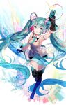  1girl 39 absurdly_long_hair aqua_eyes aqua_hair black_gloves black_legwear blue_skirt blush boots from_above full_body fuzichoco gloves hair_ornament hatsune_miku headset highres holding holding_phone long_hair looking_at_viewer mikupa miniskirt multicolored_hair necktie open_mouth phone rainbow_background redhead skirt sleeveless smile solo streaked_hair thigh-highs thigh_boots twintails very_long_hair vocaloid 