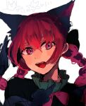  1girl animal_ear_fluff animal_ears black_bow black_dress bow bowtie braid cat_ears cat_tail commentary dress extra_ears eyebrows_visible_through_hair hair_between_eyes hair_bow kaenbyou_rin long_hair looking_at_viewer multiple_tails nekomata open_mouth portrait red_bow red_bowtie red_eyes redhead slit_pupils solo tail teeth tongue touhou twin_braids two_tails tyatya_(tyatya333) upper_teeth 