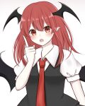  1girl :o bangs bat_wings black_vest blush eyebrows_visible_through_hair fang hair_between_eyes hand_up head_wings highres index_finger_raised koakuma long_hair looking_at_viewer necktie open_mouth piyoru_nico pointy_ears puffy_short_sleeves puffy_sleeves red_eyes red_necktie redhead short_sleeves simple_background skin_fang solo touhou upper_body vest white_background wing_collar wings 