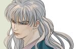  1boy blue_eyes curly_hair hunter_x_hunter kilva_lollop long_hair looking_to_the_side male_focus silva_zoldyck simple_background slit_pupils solo white_hair 
