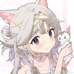  1girl a_huan_huan_huan_huan animal animal_ear_fluff animal_ears bangs blush cat closed_mouth collarbone copyright_request ear_piercing earclip eyebrows_visible_through_hair grey_hair hands_up highres holding holding_animal mole mole_under_eye multicolored_hair piercing purple_hair smile solo streaked_hair two-tone_hair upper_body violet_eyes white_cat 