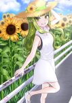  1girl absurdres arm_up blue_sky blurry blurry_background braid chanraykotomine day dress flower green_eyes green_hair green_nails hat hat_flower hat_ornament highres long_hair looking_at_viewer original osanai_(shashaki) outdoors purple_nails railing sharp_teeth sky solo standing sun_hat sunflower teeth white_dress white_footwear 