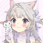  1girl :3 a_huan_huan_huan_huan animal animal_ear_fluff animal_ears bangs bare_shoulders blush cat closed_mouth collarbone copyright_request eyebrows_visible_through_hair grey_hair hair_bun hair_intakes hands_up highres holding holding_animal long_hair looking_at_viewer mole mole_under_eye multicolored_hair purple_hair side_bun smile solo streaked_hair two-tone_hair upper_body violet_eyes white_cat 
