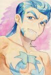  1boy blue_eyes blue_hair bright_pupils chest_tattoo collarbone commentary_request facial_tattoo gaeric_(pokemon) grin highres male_focus medium_hair pectorals pokemon pokemon_(game) pokemon_legends:_arceus smile solo tattoo teeth topless_male twitter_username white_pupils yamanashi_taiki 