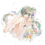  1girl 39 barefoot dress flower green_eyes green_hair hatsune_miku horiizumi_inko long_hair solo symbol-only_commentary very_long_hair vocaloid white_background white_dress 