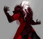  1boy alternate_costume bangs black_gloves coat devilatelier fangs gloves grey_background grey_hair highres league_of_legends long_hair male_focus open_clothes open_coat pants red_coat red_eyes red_pants simple_background solo teeth v-shaped_eyebrows vampire vladimir_(league_of_legends) 