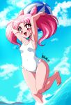  1girl 2021 absurdres ball beachball bishoujo_senshi_sailor_moon blue_sky breasts chibi_usa clouds danmakuman double_bun hair_cones highres holding holding_ball knees_together_feet_apart open_mouth pink_hair red_eyes signature sky small_breasts smile solo standing standing_on_one_leg swimsuit twintails wading white_swimsuit 
