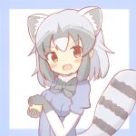  1girl :d animal_ear_fluff animal_ears black_bow black_gloves black_hair blue_background blue_shirt blush bow breasts commentary_request common_raccoon_(kemono_friends) elbow_gloves fang gloves grey_hair hands_up highres holding japari_symbol kemono_friends looking_at_viewer medium_breasts multicolored_hair puffy_short_sleeves puffy_sleeves raccoon_ears raccoon_girl raccoon_tail shirt short_sleeves smile solo striped_tail sunanuko_(ramuneko) tail two-tone_background two-tone_hair upper_body white_background white_gloves white_hair 
