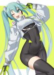  1girl ;d absurdres arm_up asymmetrical_bodysuit black_bodysuit black_legwear bodysuit commentary_request cropped_jacket gloves green_background green_eyes green_gloves green_hair hatsune_miku highres jacket kopaka_(karda_nui) long_hair long_sleeves looking_at_viewer one_eye_closed puffy_long_sleeves puffy_sleeves racing_miku racing_miku_(2022) sidelocks single_thighhigh smile solo thigh-highs twintails two-tone_background v very_long_hair vocaloid white_background white_jacket 