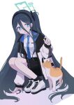  1girl 1other absurdly_long_hair arisu_(blue_archive) black_hair black_hairband black_jacket black_skirt blue_archive blue_eyes blue_jacket blue_necktie cat collared_shirt full_body hairband halo highres jacket long_hair long_sleeves looking_at_another multicolored_clothes multicolored_jacket necktie one_side_up open_clothes open_jacket pleated_skirt shirt shoes simple_background skirt sneakers squatting todatanoto very_long_hair white_background white_footwear white_jacket white_shirt 