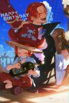  ^_^ ^o^ alcohol bottle closed_eyes facial_hair grin happy_birthday hat highres holding holding_bottle male_focus one_piece pirate_hat qin_(7833198) redhead shanks sitting smile time_paradox wine_bottle younger 