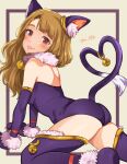  all_fours animal_ear_fluff animal_ears animal_hands ass bangs bare_shoulders bell blush breasts brown_eyes cat_ears cat_girl cat_tail commentary_request elbow_gloves fur_collar gloves hanamasa_ono highres idolmaster idolmaster_million_live! jingle_bell leotard light_brown_hair long_hair looking_at_viewer medium_breasts miyao_miya neck_bell paw_gloves simple_background solo tail thick_eyebrows thigh-highs thighs tongue tongue_out wavy_hair 