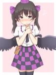  1girl bird_wings black_hair black_legwear black_ribbon black_skirt black_wings blush border breasts brown_eyes checkered_clothes checkered_skirt collared_shirt cowboy_shot dadamori feathered_wings frilled_shirt_collar frills hat himekaidou_hatate long_hair looking_at_viewer medium_breasts pink_background puffy_short_sleeves puffy_sleeves purple_headwear purple_skirt ribbon shirt short_sleeves skirt thigh-highs tokin_hat touhou twintails white_border white_shirt wings zettai_ryouiki 