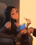  1girl bare_shoulders black_eyes black_hair black_nails closed_mouth earrings eating highres jewelry knees_up lips long_hair looking_at_viewer mole mole_under_eye nail_polish necklace sam_yang sitting solo 