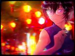 1girl black_border black_hair blue_dress blurry blurry_background border china_dress chinese_clothes cigarette closed_mouth dress glasses hair_between_eyes highres holding holding_cigarette kowloon_generic_romance kujirai_reiko mayabyss pink_eyes pink_nails solo 