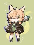  +++ 1girl :d ^_^ ahoge animal_ears arknights arm_up bangs black_footwear black_jacket black_shorts blonde_hair blue_gloves blush_stickers bow brown_background chibi closed_eyes eyebrows_visible_through_hair facing_viewer full_body gloves green_bow green_shirt hair_between_eyes hair_bow highres jacket kroos_(arknights) mom2 open_clothes open_jacket outstretched_arm ribbed_legwear shirt shoes short_shorts shorts sidelocks smile socks solo standing white_legwear 