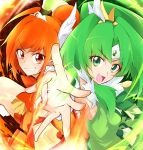  2girls :d ashita_wa_hitsuji bike_shorts commentary_request cure_march cure_sunny dress eyelashes green_dress green_eyes green_hair hair_bun hair_ornament happy highres hino_akane_(smile_precure!) long_hair looking_at_viewer magical_girl medium_hair midorikawa_nao multiple_girls open_mouth orange_dress orange_eyes orange_hair ponytail precure short_hair shorts shorts_under_skirt smile smile_precure! tri_tails wrist_cuffs 