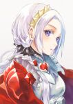  1girl breasts edelgard_von_hresvelg fire_emblem fire_emblem:_three_houses fire_emblem_warriors:_three_hopes forehead gold_hairband hair_behind_ear head_tilt highres jacket long_hair looking_at_viewer medium_breasts parted_hair ponytail portrait red_jacket solo t_amayuki_b violet_eyes white_background white_hair 