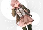  1girl backpack bag black_legwear black_shirt breasts brown_skirt collared_shirt danganronpa_(series) danganronpa_2:_goodbye_despair dress_shirt flipped_hair hood hooded_jacket hope&#039;s_peak_academy_school_uniform jacket konohana_inori large_breasts medium_hair nanami_chiaki over-kneehighs pink_bag pink_eyes pink_hair pink_ribbon pleated_skirt ribbon school_uniform shirt shirt_tucked_in skirt solo spaceship_hair_ornament thigh-highs white_shirt 