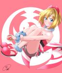  1girl absurdres arm_wrap blonde_hair hairband highres hugging_own_legs irida_(pokemon) jewelry knees maximum7010 neck_ring poke_ball poke_ball_(legends) pokemon pokemon_(game) pokemon_legends:_arceus red_hairband red_shirt shirt short_hair shorts solo strapless waist_cape white_shorts 