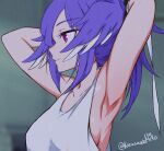  1girl armpits breasts collarbone eyebrows_visible_through_hair head_wings highres karasawa_miko nijisanji nijisanji_en purple_hair selen_tatsuki sideboob solo tank_top twitter_username tying_hair upper_body violet_eyes virtual_youtuber 