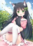  1girl :d animal_ear_fluff animal_ears black_hair blush bow choker clouds cloudy_sky fang feet_out_of_frame frilled_shirt frills grass green_bow green_eyes hair_bow head_tilt highres koucha_(edo_krisna_5) leaves_in_wind legs_together legs_up long_hair looking_at_viewer on_ground open_mouth original outdoors pink_shirt pink_skirt plant puffy_short_sleeves puffy_sleeves red_choker shirt short_sleeves sitting skirt sky smile solo straight_hair tail tail_grab tail_hug thigh-highs thighs white_legwear 