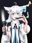  1girl absurdres ahoge animal_ear_fluff animal_ears bangs beamed_eighth_notes black_background blush braid commentary_request dog_tags earrings eighth_note extra_ears eyebrows_visible_through_hair flashlight fox_ears fox_girl fox_tail green_eyes hair_between_eyes hair_ornament hairclip harmonica heimu_(heim_kstr) highres holding holding_flashlight holding_instrument hololive instrument jacket jewelry long_hair long_sleeves looking_at_viewer musical_note open_clothes open_jacket open_mouth quarter_note shirakami_fubuki sidelocks simple_background single_braid solo tail virtual_youtuber white_hair white_jacket 