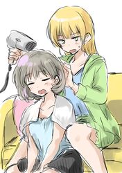  2girls between_legs blonde_hair closed_eyes couch drying drying_hair green_eyes grey_hair hair_dryer heanna_sumire long_hair love_live! love_live!_superstar!! multicolored_hair multiple_girls open_mouth pink_hair short_hair sitting sketch sweatdrop tang_keke towel towel_around_neck unya white_background 