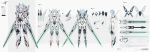  1girl aqua_eyes arm_blade armor arms_at_sides arrow_(symbol) barcode barcode_tattoo blue_hair character_sheet covered_navel donxxxs flat_color from_behind from_side gradient_hair highres lineart looking_at_viewer mecha_musume multicolored_hair original pink_hair short_hair tattoo two-tone_hair weapon white_background 