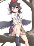  alternate_costume belt bird_wings black_belt black_footwear black_hair black_ribbon black_skirt black_wings breasts buttons collared_shirt dadamori feathered_wings frilled_skirt frills geta hat hidden_star_in_four_seasons medium_breasts official_alternate_costume pointy_ears pom_pom_(clothes) puffy_short_sleeves puffy_sleeves red_eyes red_headwear ribbon shameimaru_aya shirt short_hair short_sleeves simple_background sitting skirt tengu tengu-geta tokin_hat touhou tree white_background white_legwear white_shirt wings 