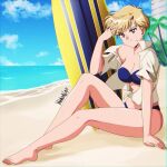  2021 absurdres beach bikini bishoujo_senshi_sailor_moon blonde_hair blue_bikini blue_eyes blue_sky breasts building chromatic_aberration clouds collared_shirt danmakuman full_body highres medium_breasts ocean open_clothes open_shirt palm_tree shirt short_hair signature sitting sky strapless strapless_bikini swimsuit ten&#039;ou_haruka tree 