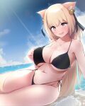  animal_ears bikini black_bikini blonde_hair blue_sky breasts cat_ears clouds commission day dermar grey_eyes highleg highleg_bikini highleg_swimsuit highres horizon large_breasts long_hair ocean original outdoors side-tie_bikini sitting skeb_commission sky swimsuit yokozuwari 